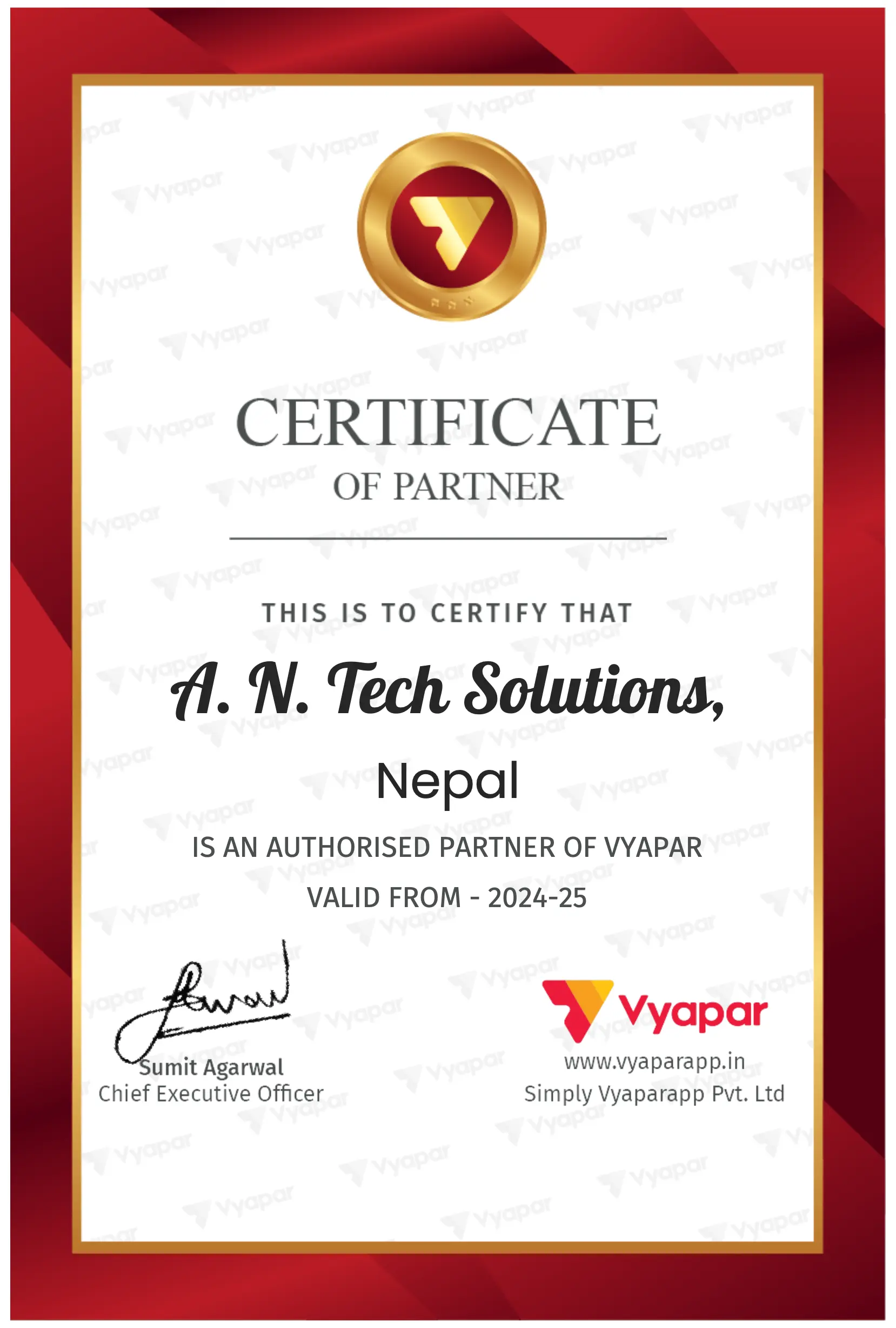 Vyapar Authorized Partner Certificate